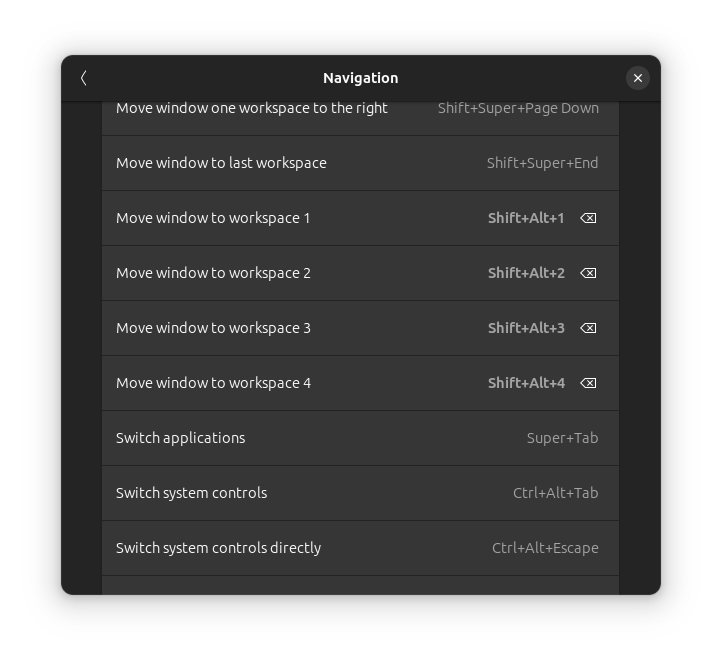 Screenshot of GNOME's keyboard shortcut GUI