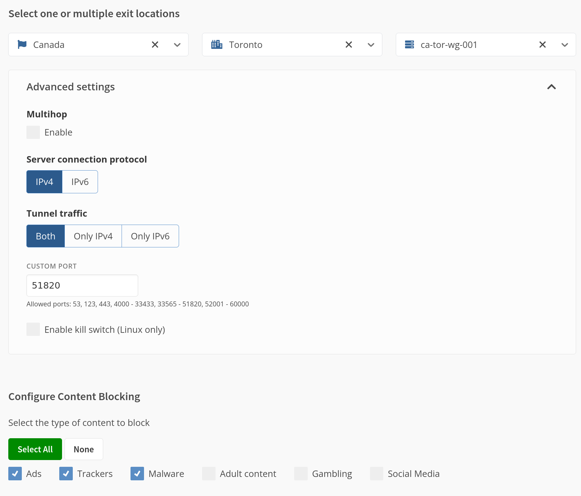 The web view showing detailed configuration options for the WireGuard settings