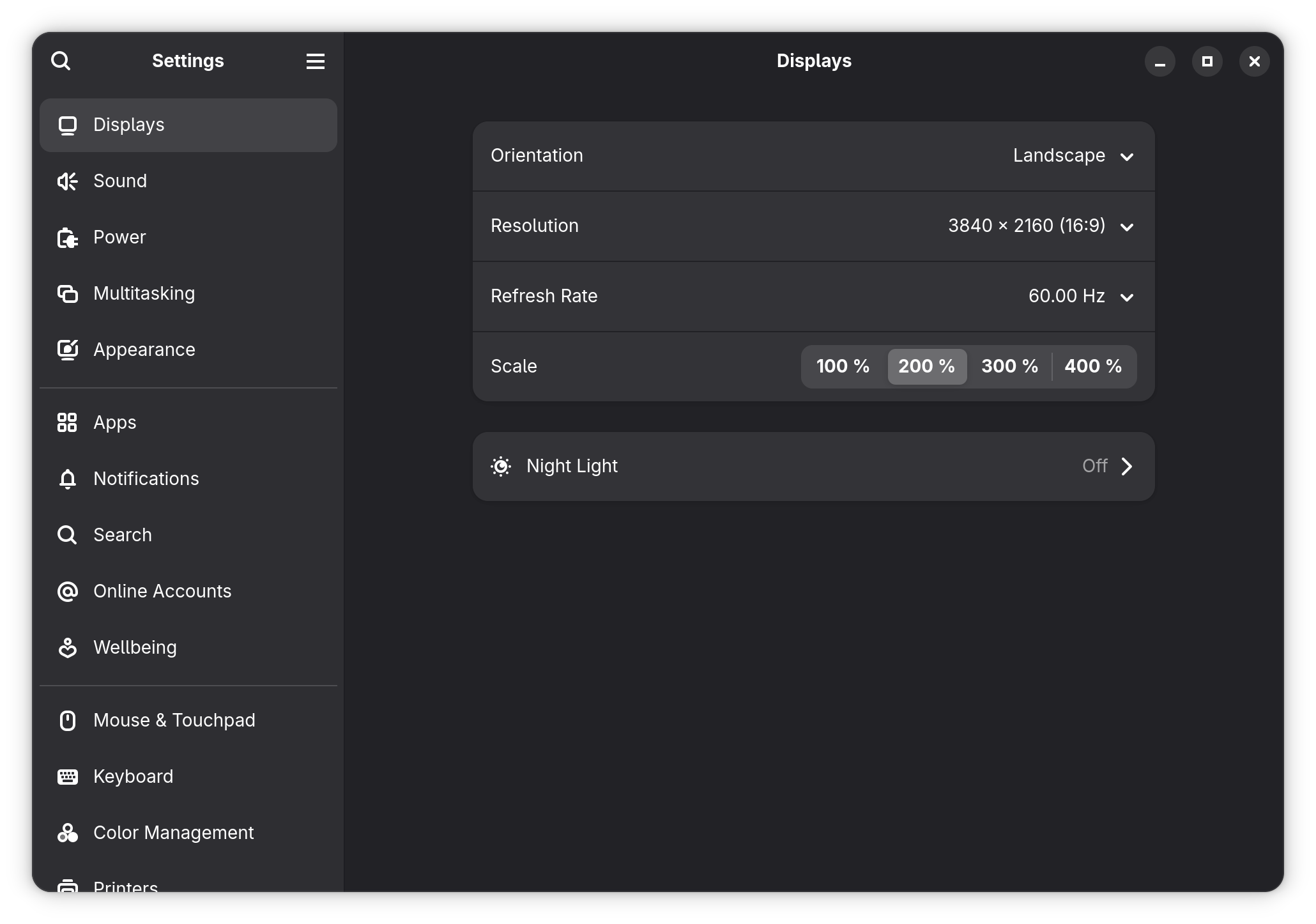 GNOME Displays Settings pane